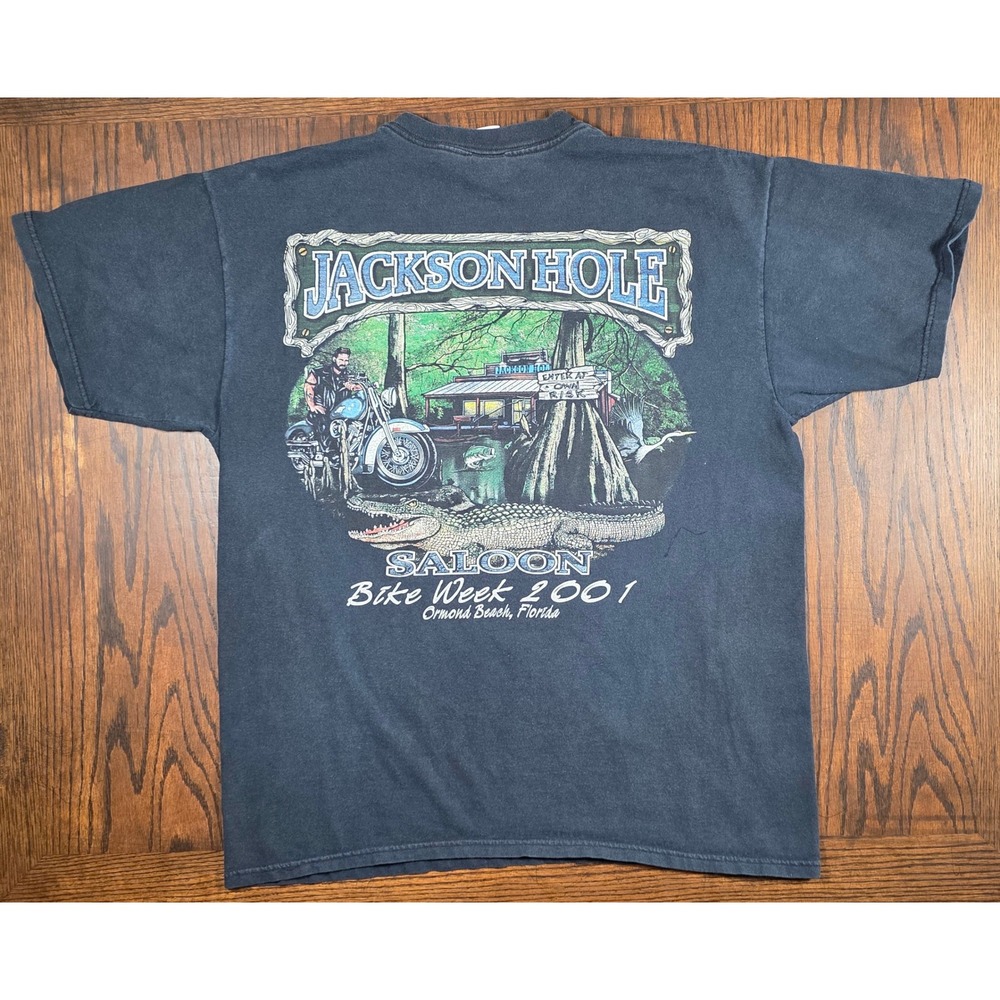 Vintage 2001 Jackson Hole Saloon Bike Week T-Shirt Ormond Beach FL Mens L Black